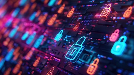 A glowing neon image of a series of locked padlock icons overlaid on a computer screen close-up - Powered by Adobe