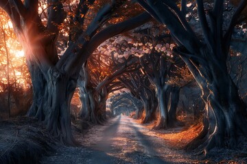 Sakura trees tunnel in early spring with sunset Generative Ai 