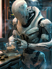 Fototapeta premium A humanoid alien in high-tech armor indulging in a snack blender