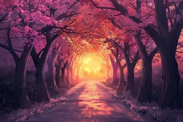 Store enrouleur sans perçage Violet Sakura trees tunnel in early spring with sunset Generative Ai 