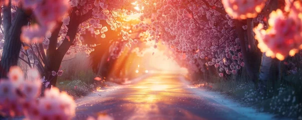 Zelfklevend Fotobehang Sakura trees tunnel in early spring with sunset Generative Ai  © LayerAce.com