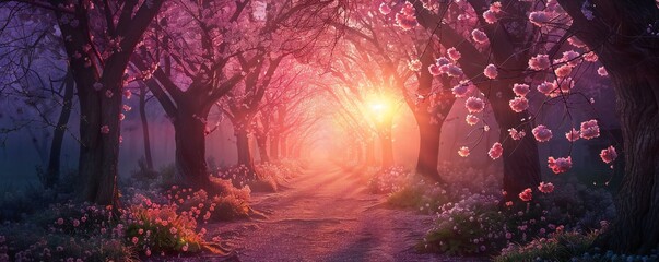 Obraz na płótnie Canvas Sakura trees tunnel in early spring with sunset Generative Ai 