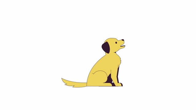 Cute dog wagging tail line 2D character animation. Friendly pet companion flat color cartoon 4K video, alpha channel. Canine animal sitting quietly animated personage on white background