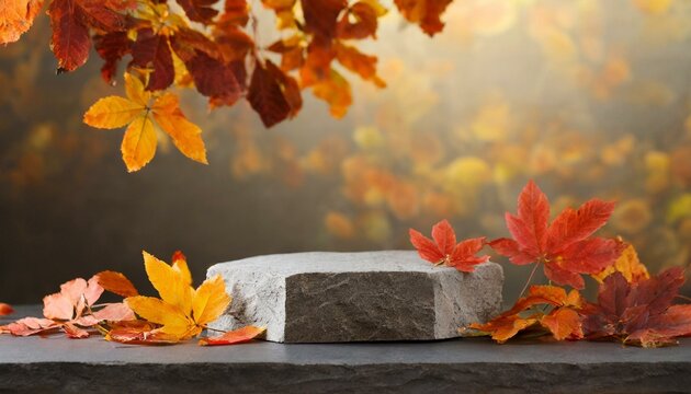 "Autumn Elegance: Stone Podium for Cosmetic Showcase Amidst Fall Foliage