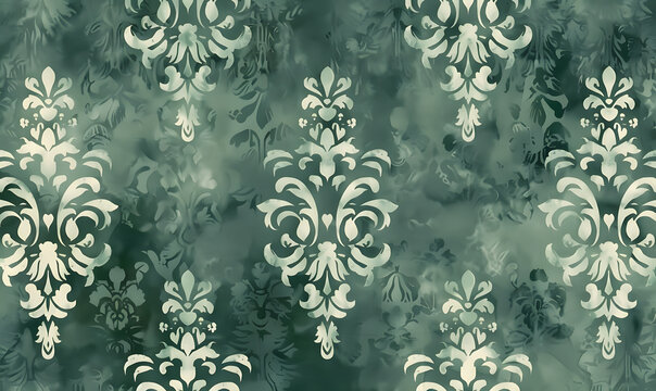Seamless Vintage Damask Pattern in Dark Green with Distressed Watercolor Effect,Generative AI 