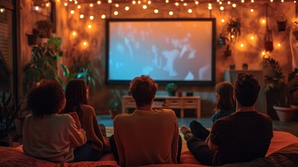 A group of teenagers gathered together to watch a movie in their room, Friends gathered around a big screen TV, Friends Watching Film Together, People watching tv
