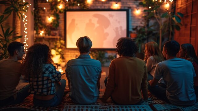 A group of teenagers gathered together to watch a movie in their room, Friends gathered around a big screen TV, Friends Watching Film Together, People watching tv - Powered by Adobe