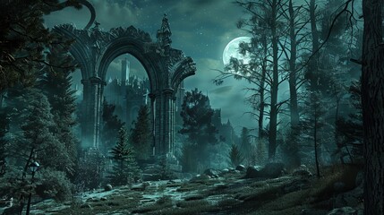 In a cyberpunk twist, a realistic dark forest is depicted at night. A detailed gothic arch is centered in the foreground, drawing the eye. - obrazy, fototapety, plakaty