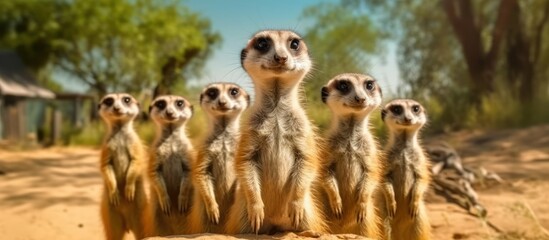 a view meerkats alertly stand in a outdoors near the nest hole - obrazy, fototapety, plakaty