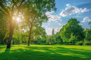 Beautiful bright colorful summer spring landscape with trees in Park, juicy fresh green grass on lawn and sunlight against blue sky with clouds.