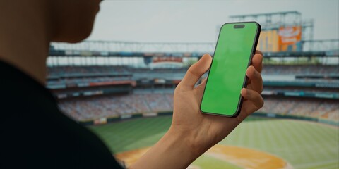 A hand holds a smartphone with a green screen at a baseball stadium - 757067382