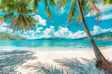 Beautiful beach with white sand, turquoise ocean, green palm trees and blue sky with clouds on...