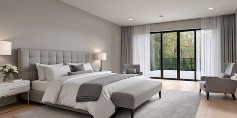 Fototapeta premium Bedroom with sliding glass doors leading to balcony. A cozy bedroom with a bed, chair, and sliding glass doors leading to a balcony.