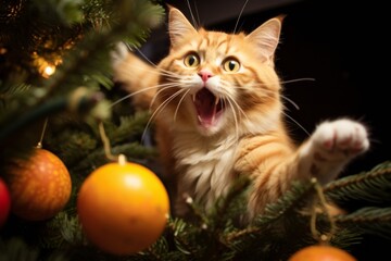 funny orange cat jumping on christmas tree making a mess