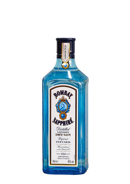 Original Bombay Sapphire dry gin bottle isolated on a white background
