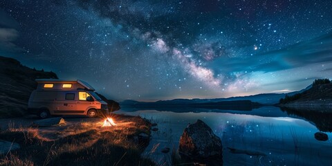 A camper van is parked by a lake at night - Powered by Adobe