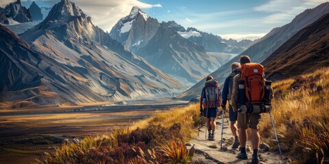 A group of people are hiking up a mountain trail - obrazy, fototapety, plakaty