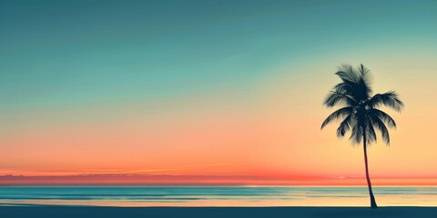 Fototapeta na wymiar A palm tree is standing on a beach at sunset