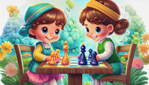 CARTOON CHARACTER CUTE baby boy and girl engage in a strategic battle chess