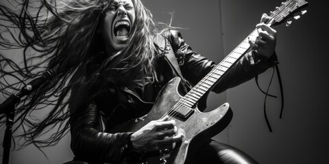 A heavy metal guitarist commands the stage with raw energy, unleashing thunderous riffs that reverberate through the crowd