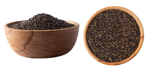 Bowl with black quinoa isolated on white background. Close-up. Grain black quinoa on white...
