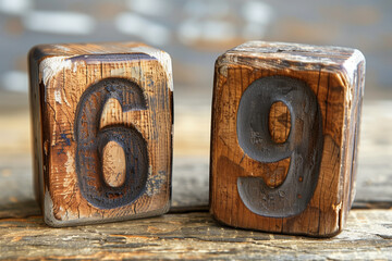 Old wood blocks with reversed number of 6 and 9, contrary discussion, different point of view