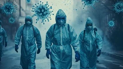 Foto op Canvas Amidst the pandemic, scientists, wearing protective masks, diligently investigate the complex characteristics of emerging viruses, striving to protect public health. © Kateryna Kordubailo