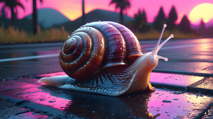 A snail crawls on wet asphalt - obrazy, fototapety, plakaty