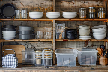 Dishes, bowls, and plastic containers on the wooden shelf larder in the kitchen - obrazy, fototapety, plakaty