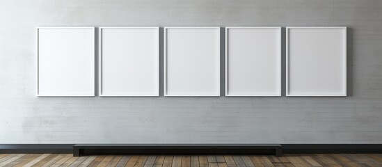 A row of rectangular white canvases hangs on a wooden plank wall in the room, creating a minimalist and modern aesthetic