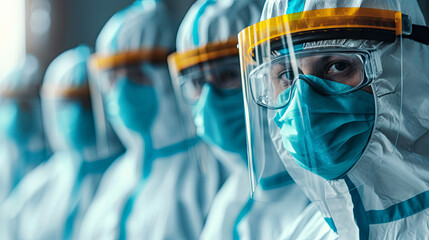 During the pandemic, scientists, donning protective masks, diligently explore the intricate features of newly emerging viruses, working tirelessly to safeguard public health - obrazy, fototapety, plakaty