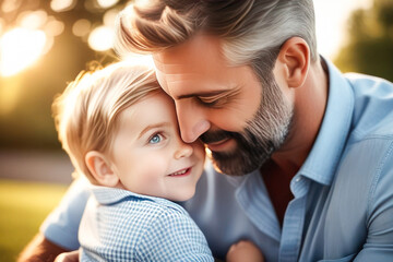 Happy Fathers Day. Handsome Father and his son smile and hug. Family vacation and unity. Place for text and your advertising.