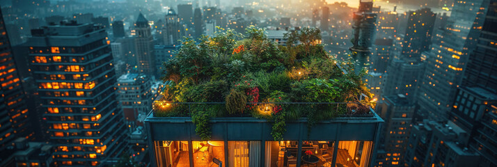 A close-up of a rooftop garden during twilight, offering warmth and nature amidst a bustling city atmosphere