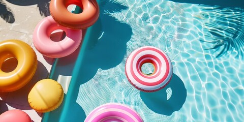 A pool with many colorful inflatable rings floating on the water