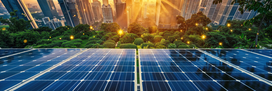 An eco-friendly concept image showcasing solar panels with the juxtaposition of urban and forest landscapes at sunrise