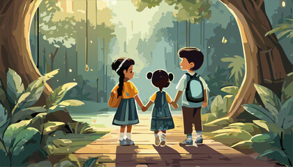 Three people walking in the park