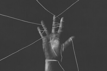 Illustration of a black tied hand, surreal abstract minimal concept - obrazy, fototapety, plakaty