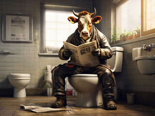 cow sitting ton toilet reading newspaper.