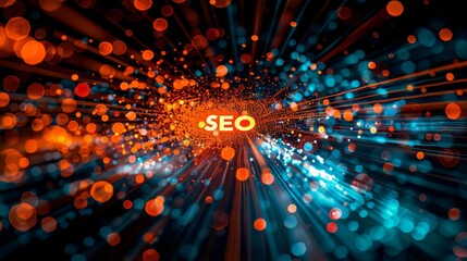 Dynamic image of the acronym SEO illuminated on a digital background, symbolizing internet marketing and search optimization. - obrazy, fototapety, plakaty