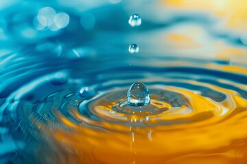 Beautiful clean transparent bright drop of water on smooth surface in blue and yellow colors, macro. Creative image of beauty of environment and nature.