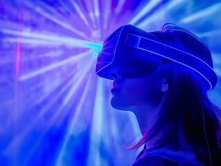 Woman in VR headset immersed in neon light beams symbolizing digital innovation.