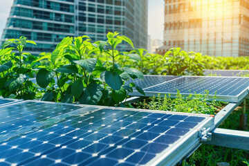 Urban agriculture concept with vibrant solar panels surrounded by green crops in a metropolitan area