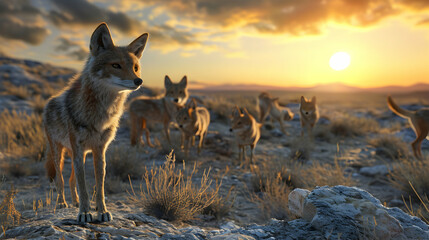 Jackal family standing in front of the camera in the rocky plains with setting sun. Group of wild animals in nature. - obrazy, fototapety, plakaty