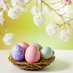 spring easter background, basket with colorful eggs on a table by a happy sunny day