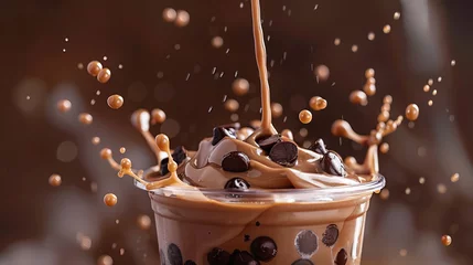 Deurstickers A realistic high-resolution image of a chocolate-flavored boba drink in a plastic cup, with a straw added. The bottom of the cup features a milk splash effect. © Yusif