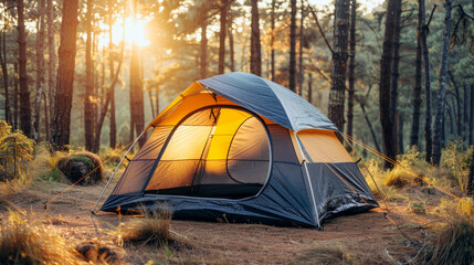 Orange tent in a serene forest at sunrise, embracing wilderness