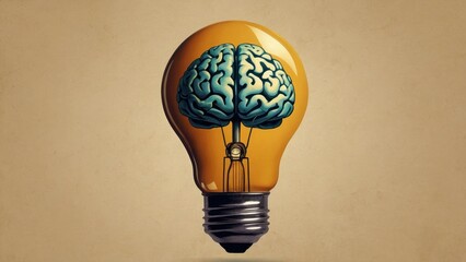 Bright Ideas Brain Encased in Light Bulb Representing Idea Generation or Brainstorming Concept Against Beige Background