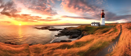 Tuinposter Sunset at Coastal Lighthouse with Vibrant Skies © Tony A