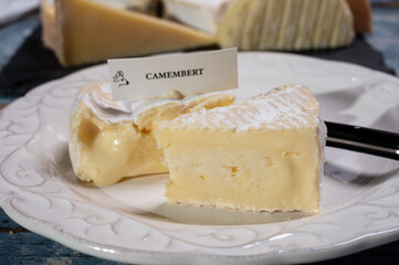 French soft Camembert cheese, original Camembert de Normandie, close up with white mold