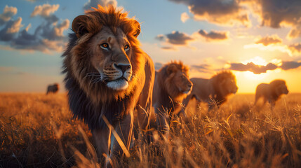 Lions standing in the savanna with setting sun shining. Group of wild animals in nature. - obrazy, fototapety, plakaty